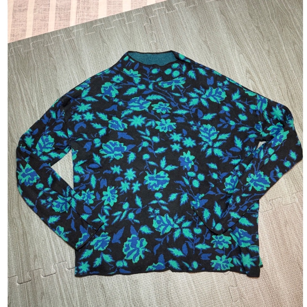 Ann Taylor Womens Small Floral Mock Neck Sweater Teal Blue Black Knit